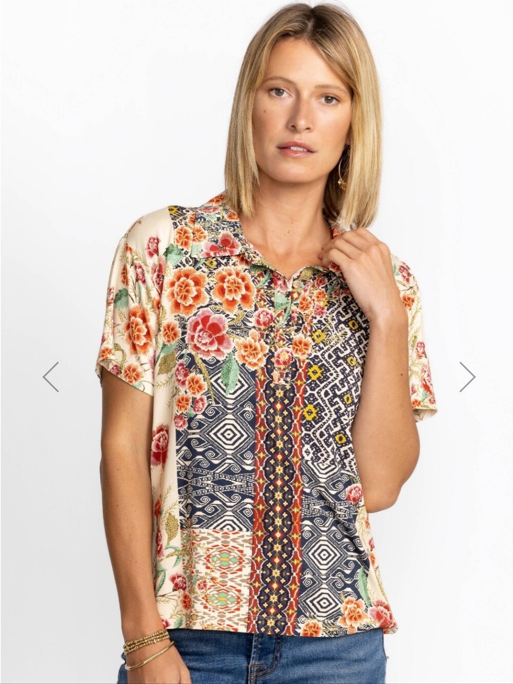 Johnny Was Los Angeles Aztec Flower Short Sleeve Polo Tee Size XS